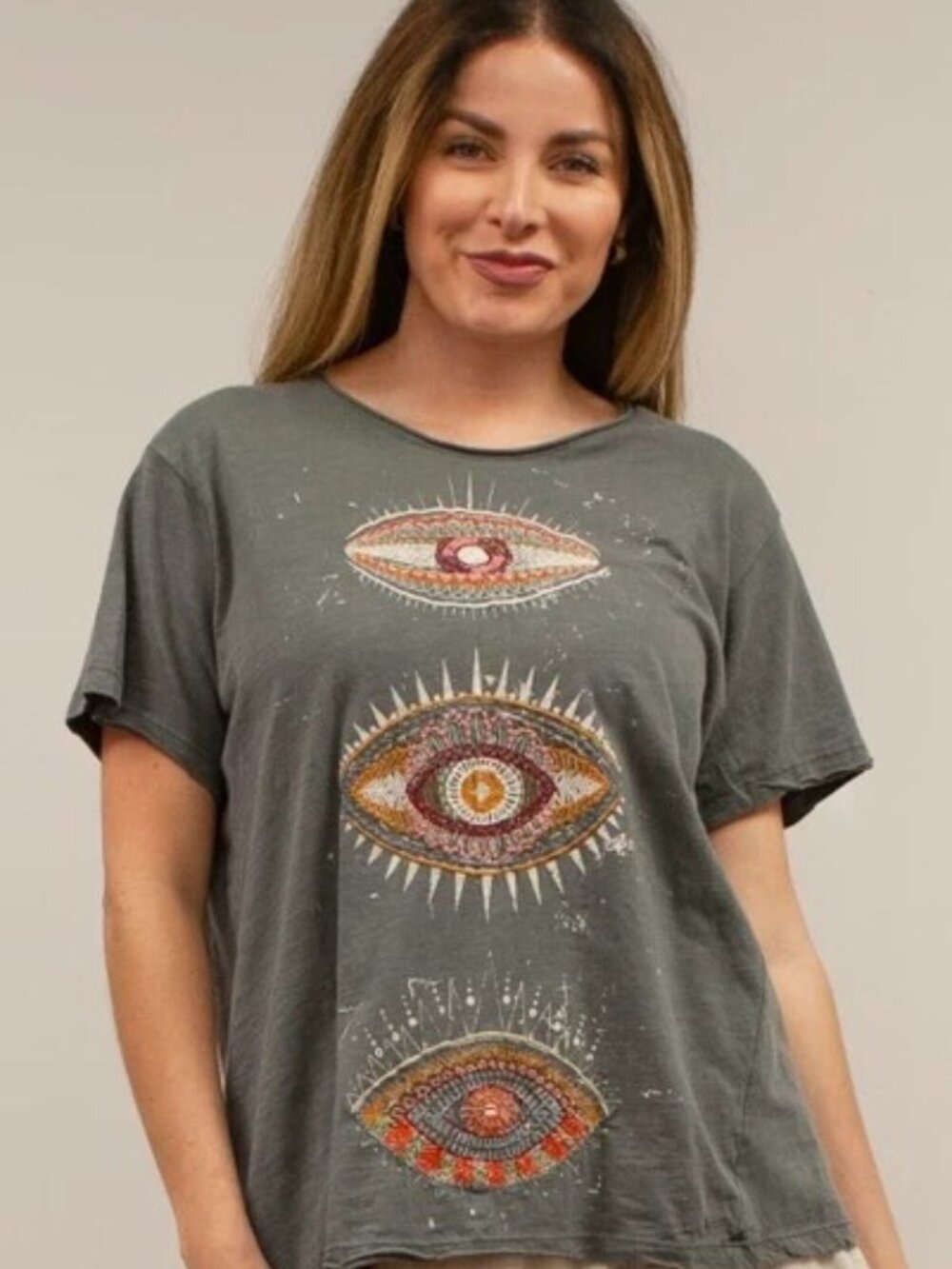 NWT Kyla Seo Comfort Lula Tee Dark Grey Eyes Embroidery S Small Crewneck Boho